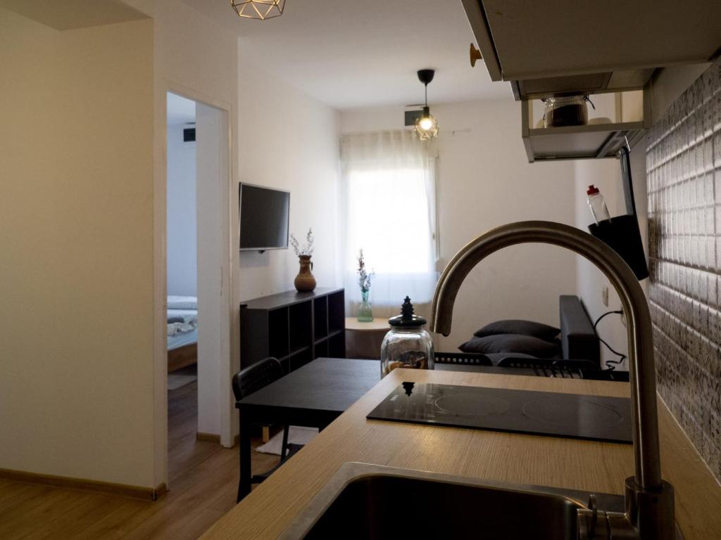 a kitchen with a sink and a living room at MDC Apartments in Timişoara