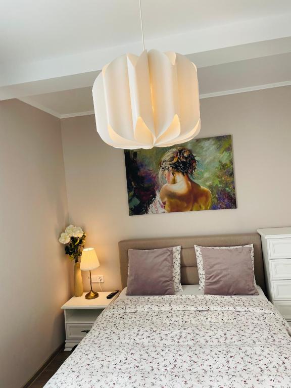 a bedroom with a bed with a painting on the wall at Apartament CETATE ALBA CAROLINA in Alba Iulia
