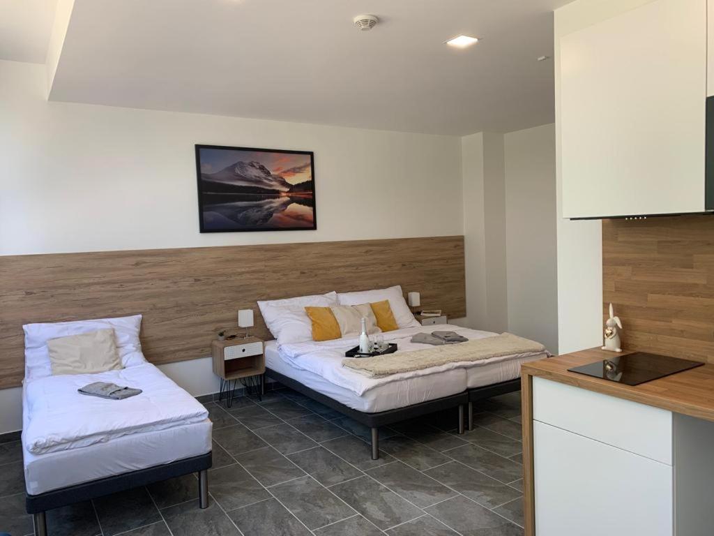 a hotel room with two beds and a kitchen at Hotel Hangar in Mošnov