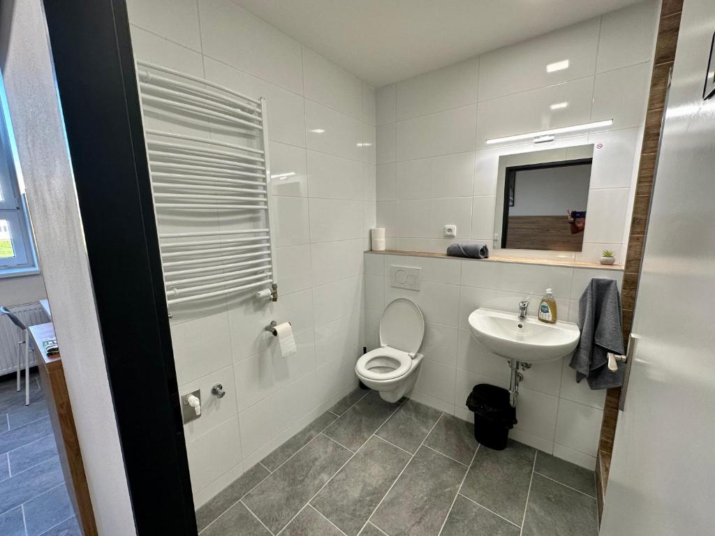 a white bathroom with a toilet and a sink at Hotel Hangar in Mošnov