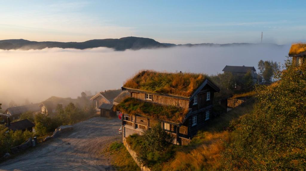 une maison avec un toit en gazon sur une colline dans le brouillard dans l'établissement Sirdal Mountain Lodge, ski in-out, à Sinnes