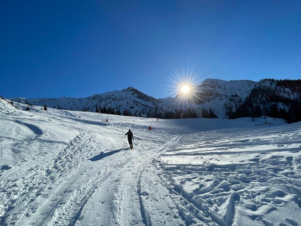eine Person fährt eine schneebedeckte Piste hinunter in der Unterkunft Sonniges Apartment mit Hallenbad und Sauna in Seefeld in Seefeld in Tirol
