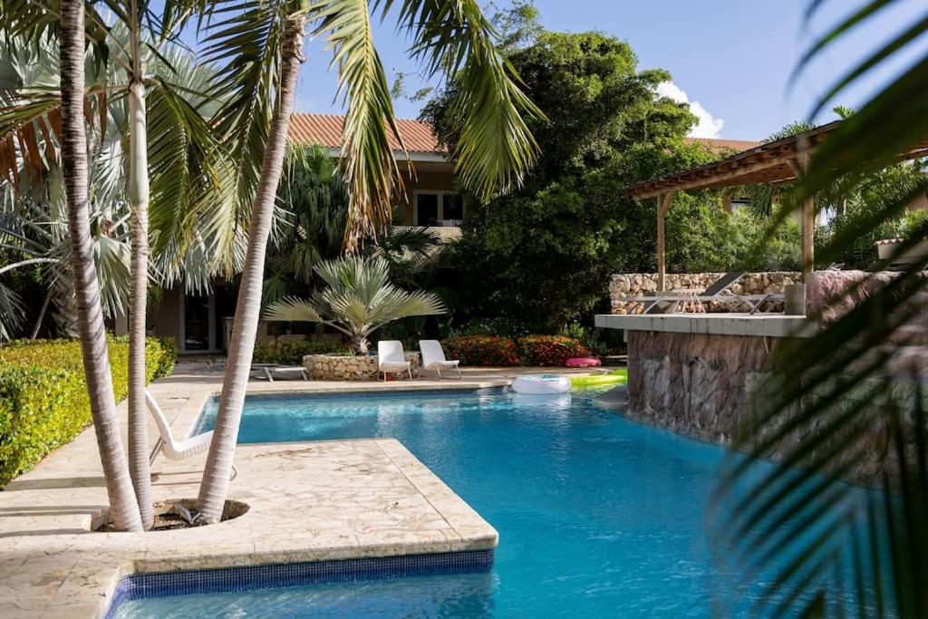 a swimming pool with palm trees next to a house at Cocobana Resort two-bedroom apartment ground floor in Willemstad
