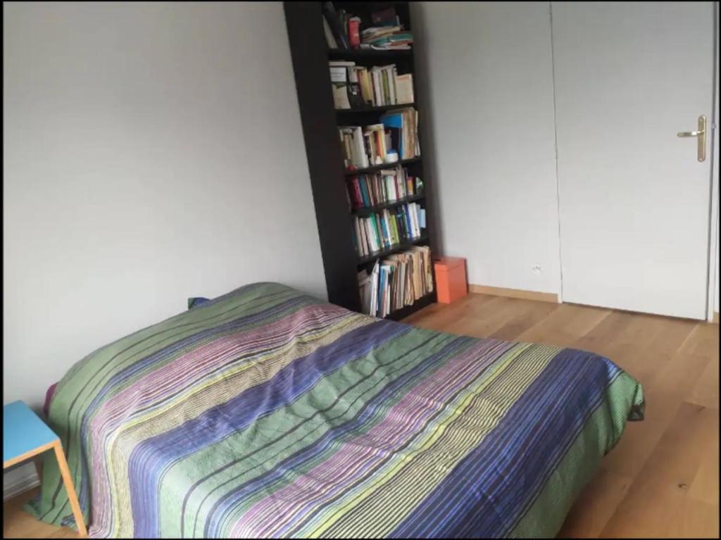 - une chambre avec un lit et une étagère avec des livres dans l'établissement Chambre chez l'habitant en rooftop, à Ivry-sur-Seine