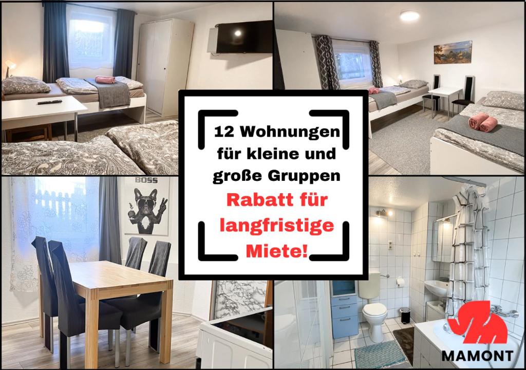 un collage de fotos de un dormitorio y una sala de estar en Gemütliche Monteurwohnung im Souterrain, en Bremen