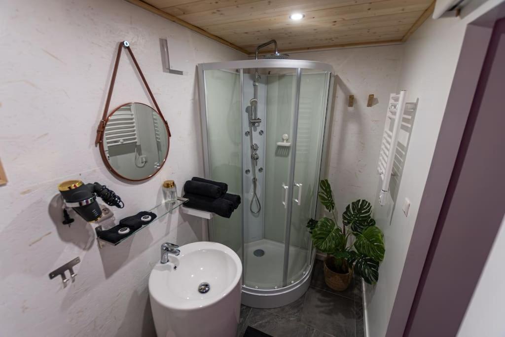 y baño con ducha, lavabo y espejo. en L'orgasm's Room, en Saint-Julien
