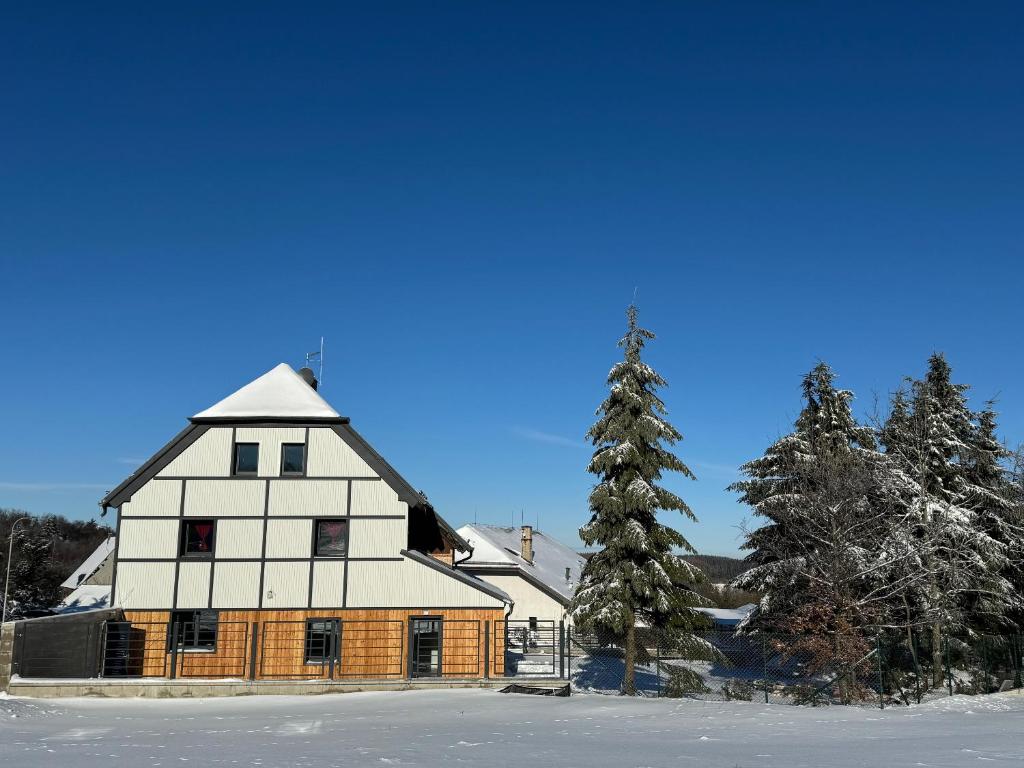 a large white house in the snow with trees at Penzion Stará pošta in Dubí