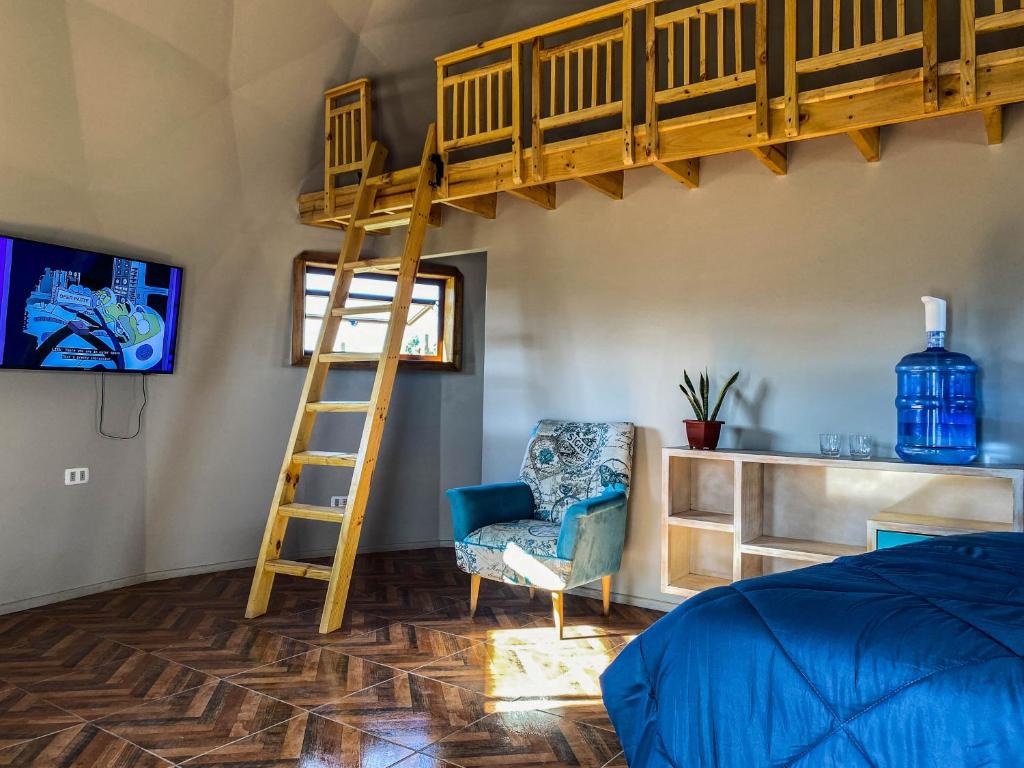 Peralillo的住宿－Domo ruta del vino Colchagua，一间卧室配有双层床和椅子