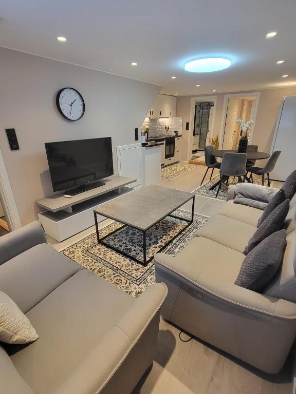 a living room with a couch and a tv at Slattum terrasse in Skytta