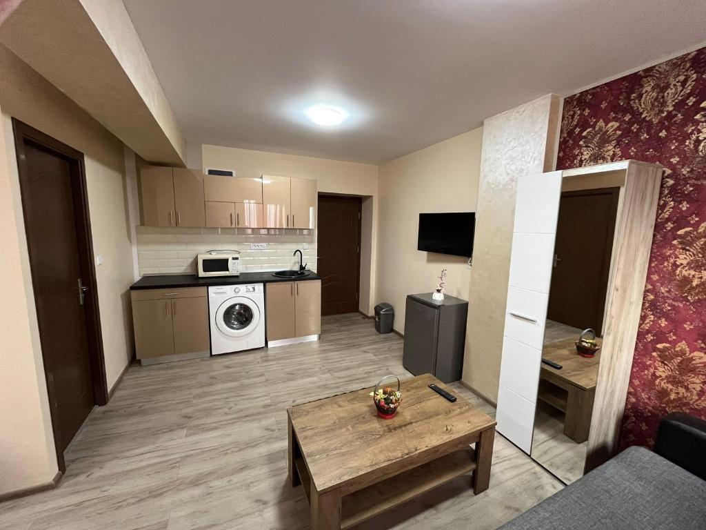 um pequeno apartamento com uma cozinha e uma sala de estar em Solaria Apartment em Galaţi