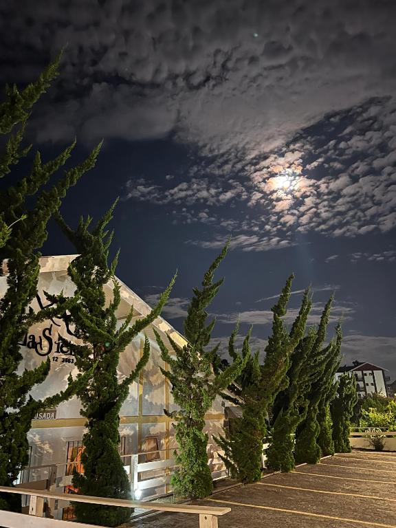 a row of christmas trees in front of a building at Pousada La Sierra in Campos do Jordão