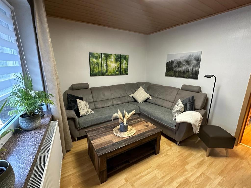 a living room with a couch and a coffee table at Christels Ferienwohnung 2 in Thale mit überdachter Terrasse, Küche mit TV & Geschirrspüler in Thale