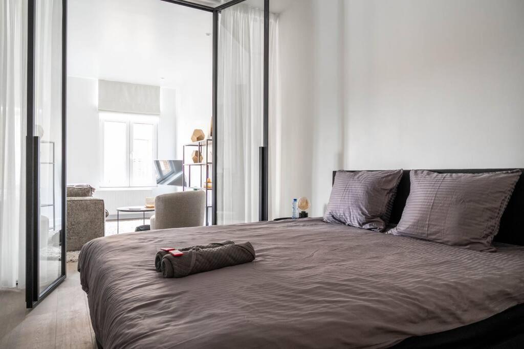 een slaapkamer met een groot bed en een groot raam bij Classy Parkview Flat in Antwerpen