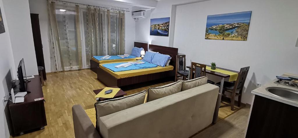uma sala de estar com um sofá, uma cama e uma mesa em Center Apartment Delfina em Ohrid
