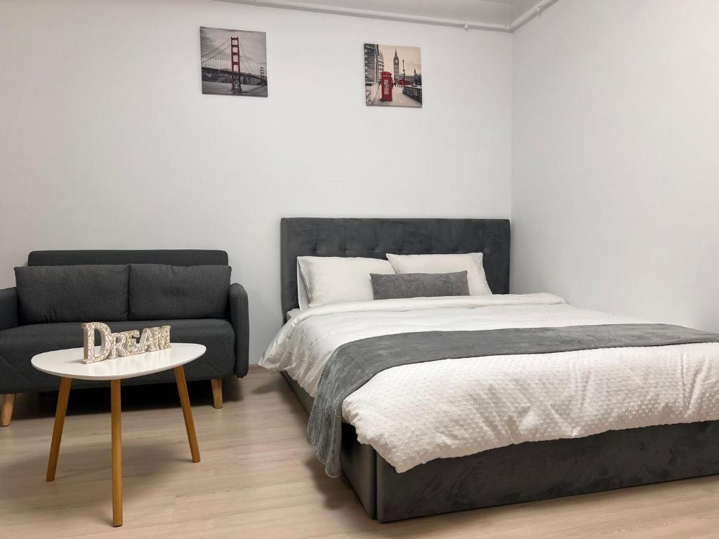 een slaapkamer met een bed, een bank en een tafel bij Dream Studio in Sînpetru