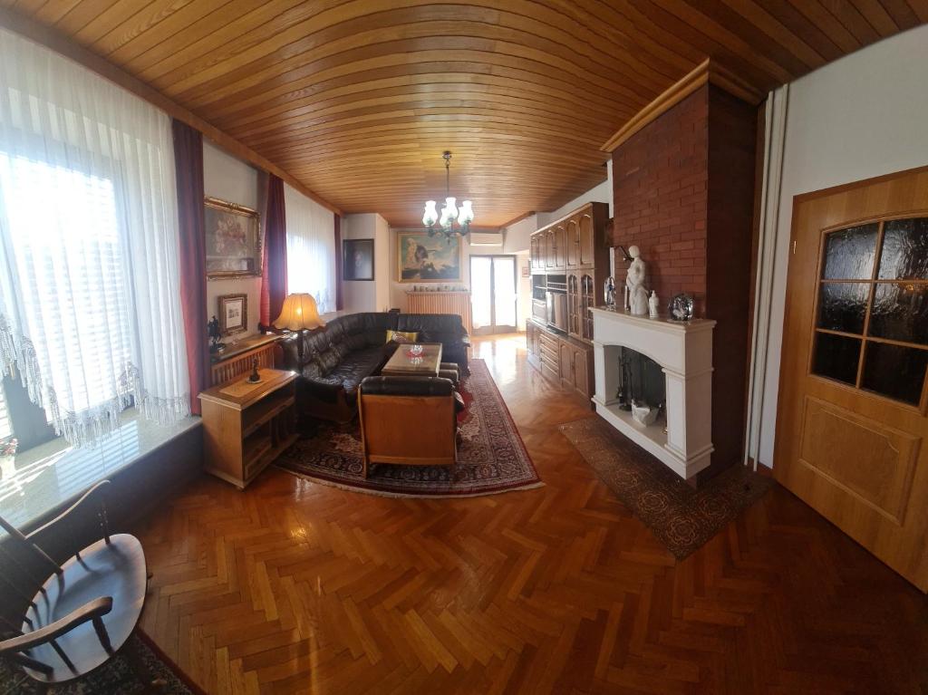 sala de estar con sofá y chimenea en Apartma Radlje center, en Radlje ob Dravi