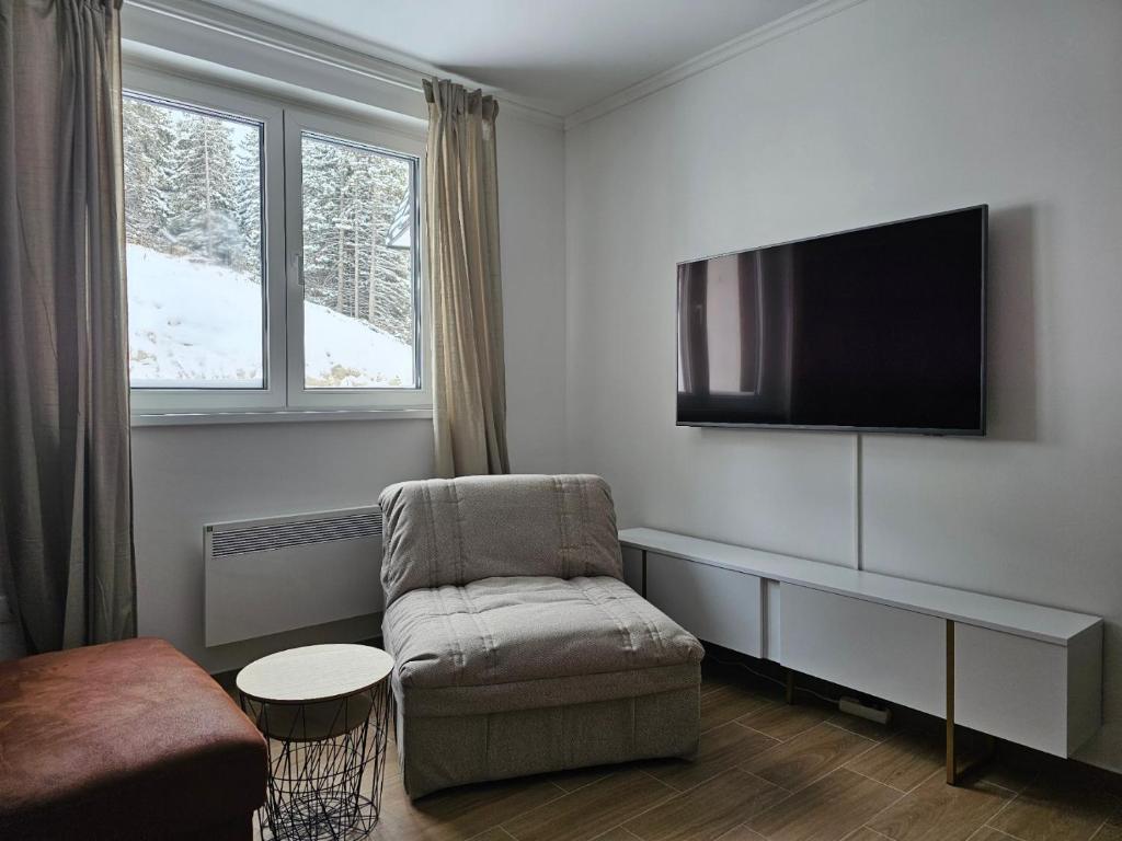 a living room with a chair and a flat screen tv at Studio Leone Sunčana Planina in Kopaonik
