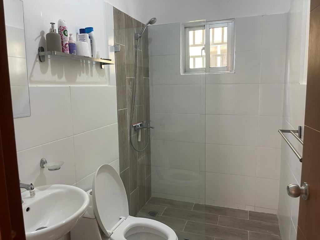 a bathroom with a shower and a toilet and a sink at Caleta in La Romana