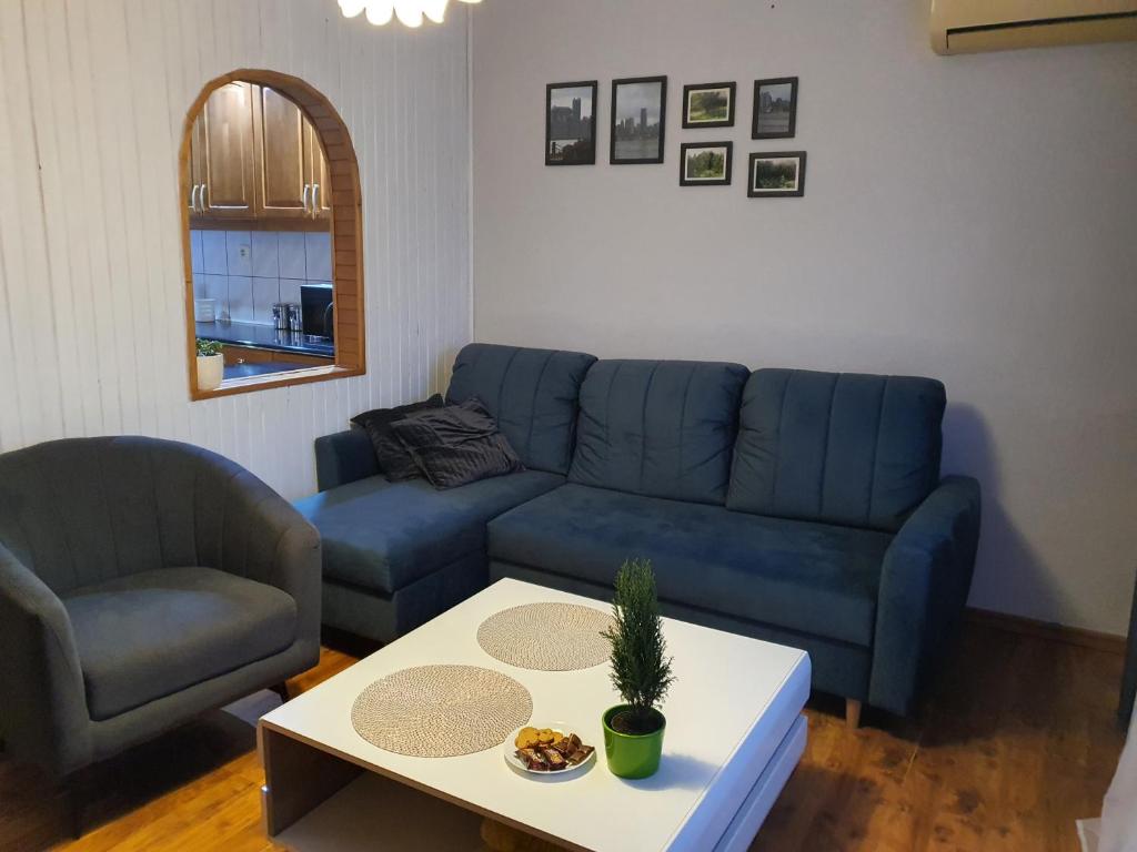 ein Wohnzimmer mit einem blauen Sofa und einem Tisch in der Unterkunft Biała Centrum in Biała Podlaska