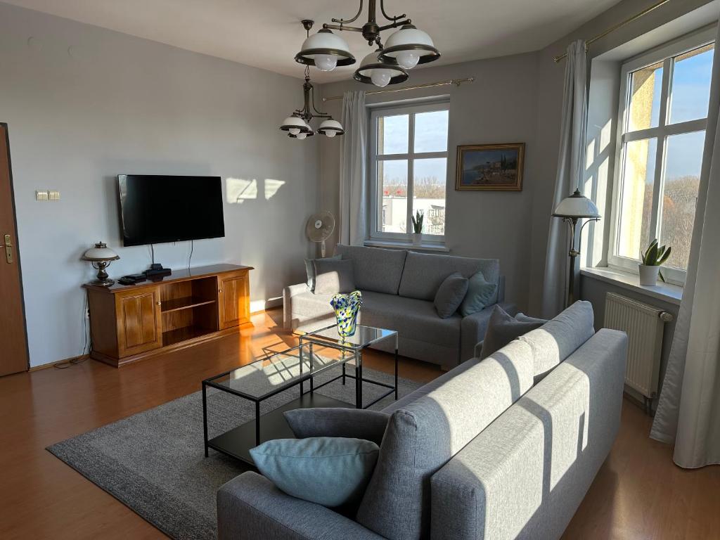 un soggiorno con divano e TV di apartament Mysłowice a Mysłowice