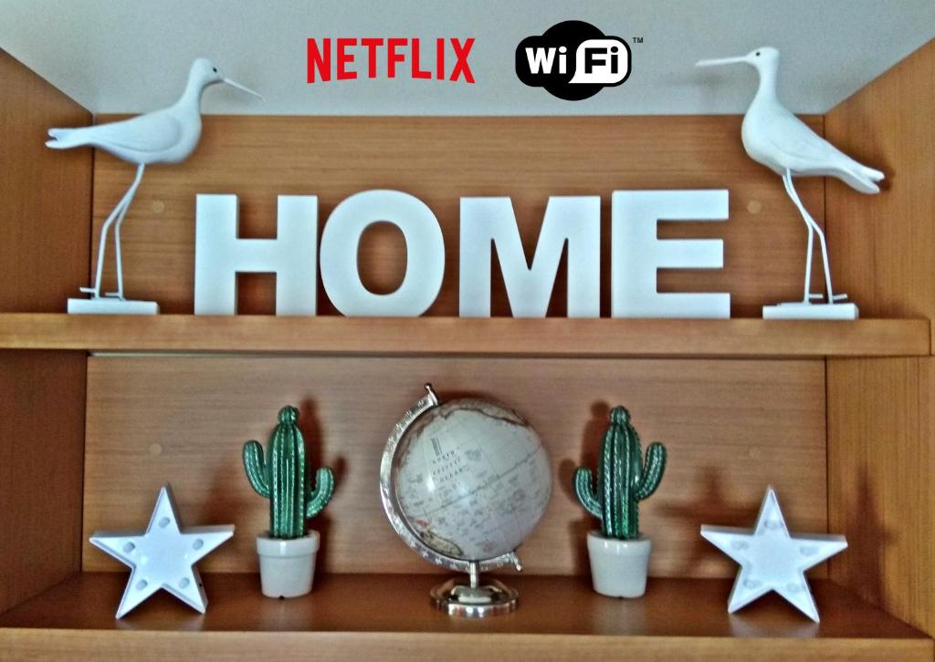 a shelf with a home sign and a globe and cactus at Apartamento Plaza Perillana in Ponteareas
