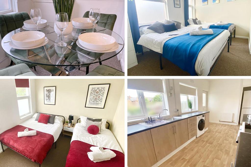 four pictures of a room with a bed and a table at Group stays Wolverhampton M6 J10 in Bilston