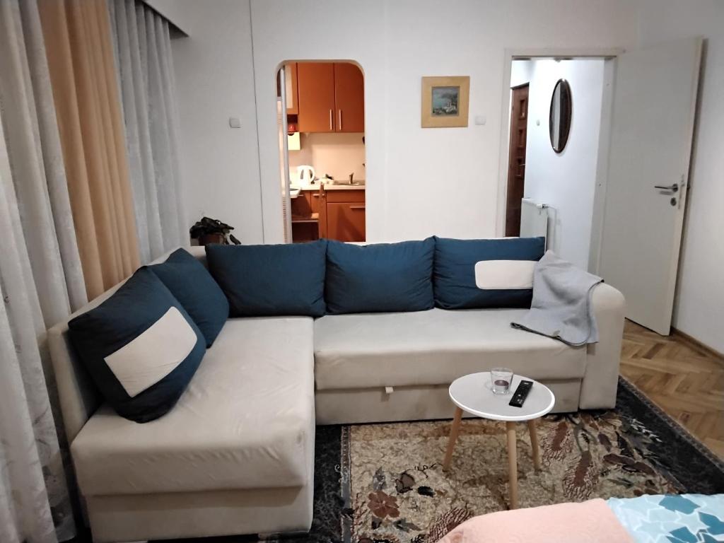 uma sala de estar com um sofá e uma mesa em Fina Apartment em Leskovac