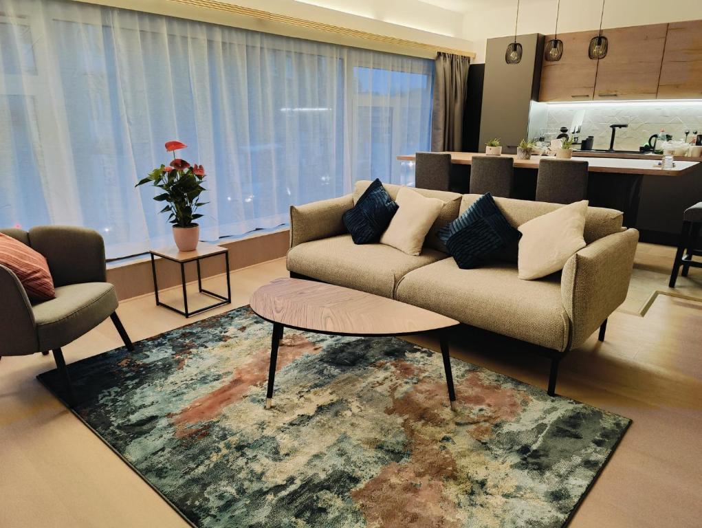 - un salon avec un canapé et un tapis dans l'établissement Bright & Cozy Appartment in Brussels, à Bruxelles