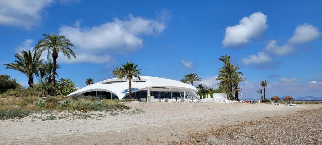 Beachfront Apartment La Manga في لا مانغا ذيل مار مينور: مبنى القبة البيضاء على شاطئ به أشجار النخيل