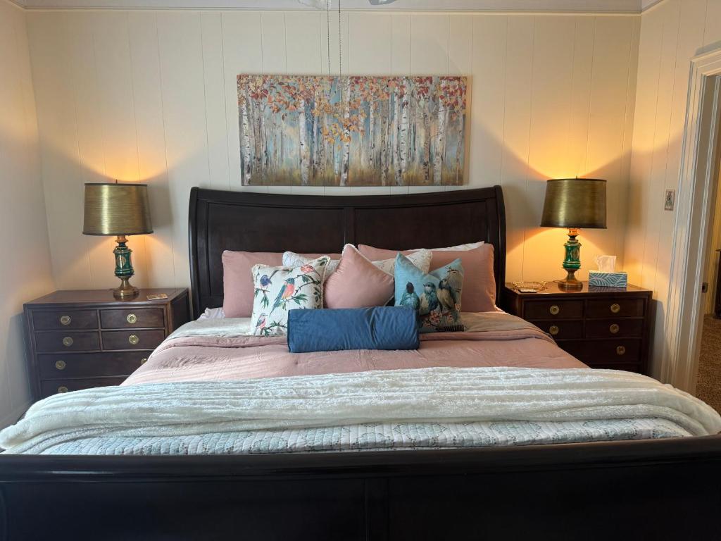 ein Schlafzimmer mit einem Bett mit Kissen und zwei Lampen in der Unterkunft V's Iris Haven in Abilene