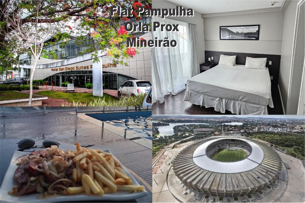 Flat Pampulha orla prox Mineirão في بيلو هوريزونتي: مجموعة من الصور لغرفة فندق بها سرير وطعام