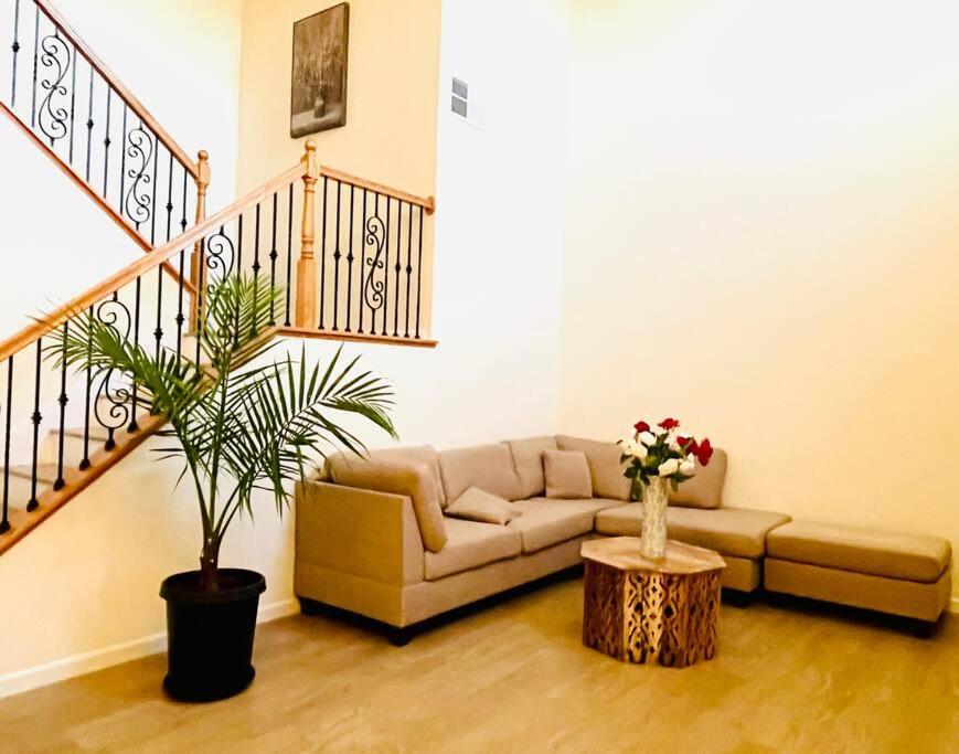 ein Wohnzimmer mit einem Sofa und einem Tisch mit einer Pflanze in der Unterkunft New remodel farmhouse style w/ 4bedrooms +3 baths in Elk Grove