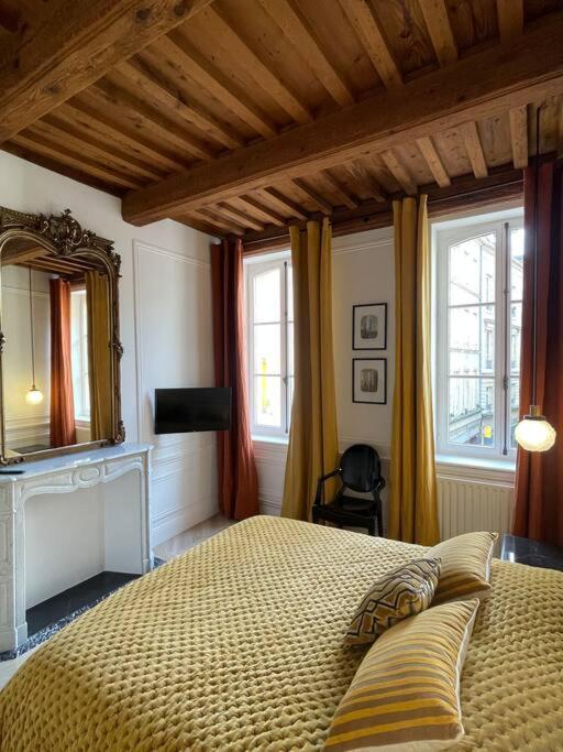 梅斯的住宿－Le Grand Cerf By La Chambre à Côté，一间卧室设有一张大床和两个窗户。