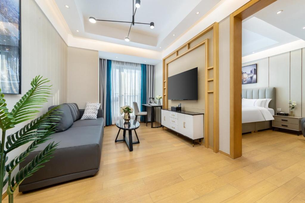 Postel nebo postele na pokoji v ubytování Doria Home International Apartment -Guangzhou Huijin IFC Keyun Road Metro Branch-Canton Fair Free Shuttle