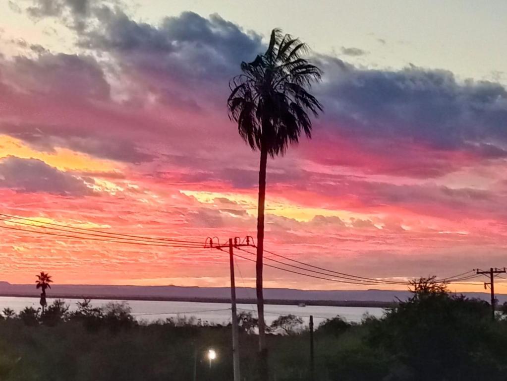a palm tree in front of a sunset at Casa Azul in La Paz