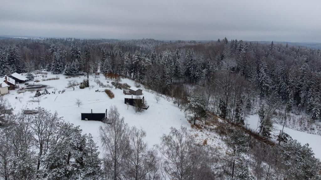 an aerial view of a snow covered field with trees at Ragnar Glamp Milzkalne Lux in Rauda