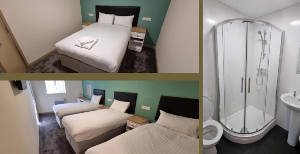 two pictures of a hotel room with two beds and a shower at The Cotteridge Inn in Birmingham