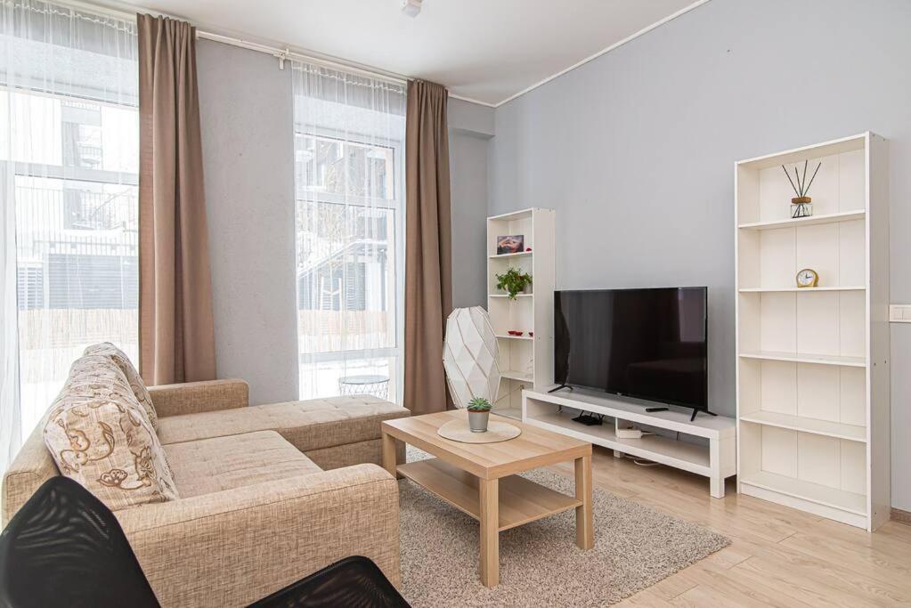 een woonkamer met een bank en een televisie bij Spacious Apartment with Great Location/URBAN RENT in Vilnius