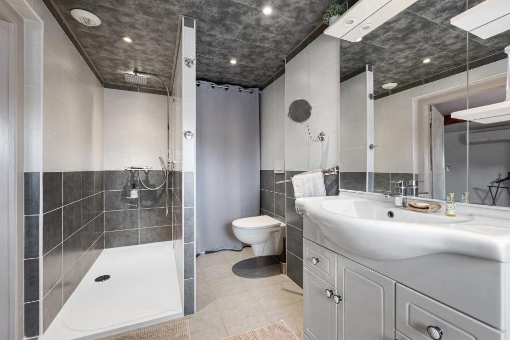 a bathroom with a sink and a shower and a toilet at Au Nid de la Madeleine in Gaillac