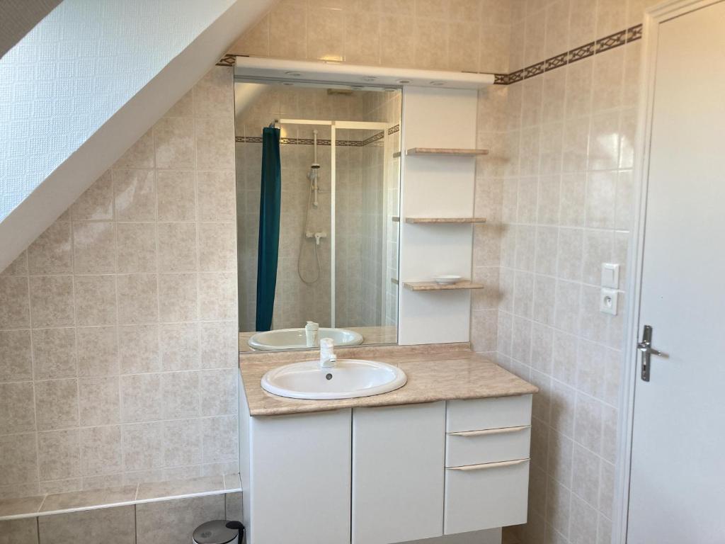 a bathroom with a sink and a shower at LE COQ - Maison 10 personnes - Locmariaquer in Locmariaquer