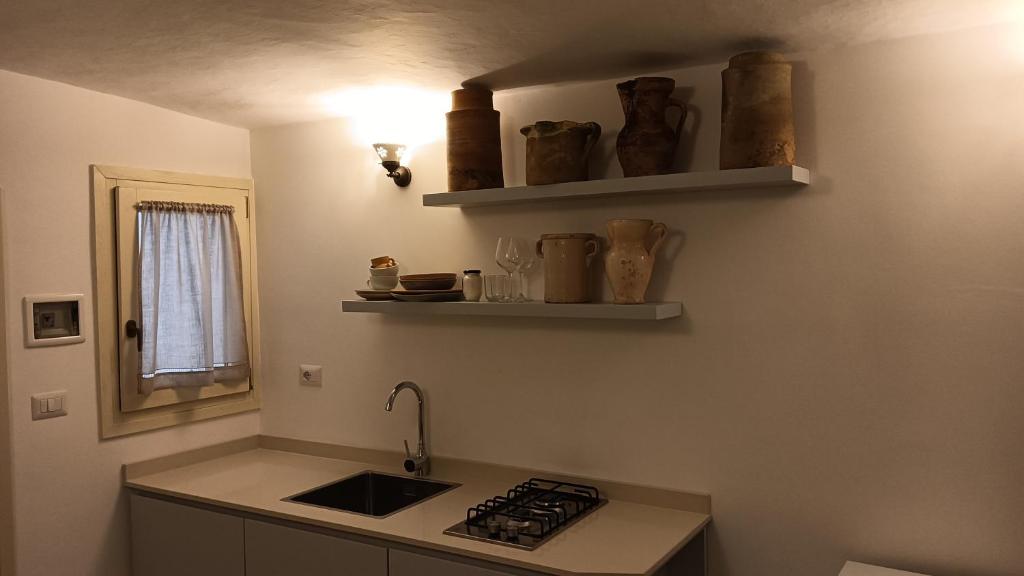 cocina con fregadero y estanterías en la pared en Palazzo Ferilli Alfonso, en Ruffano