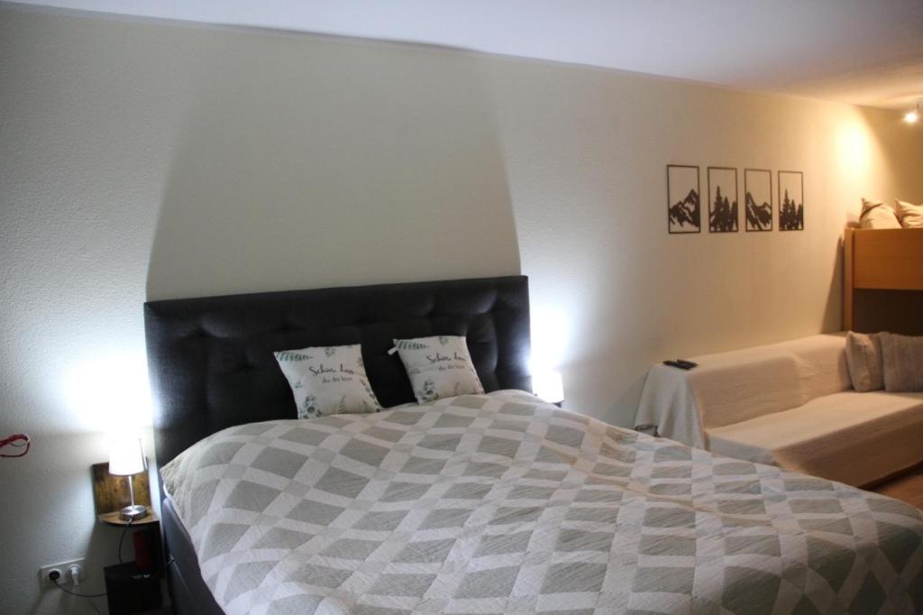 a bedroom with a large bed and a couch at Family Apartment MiniGlück in Sankt Englmar