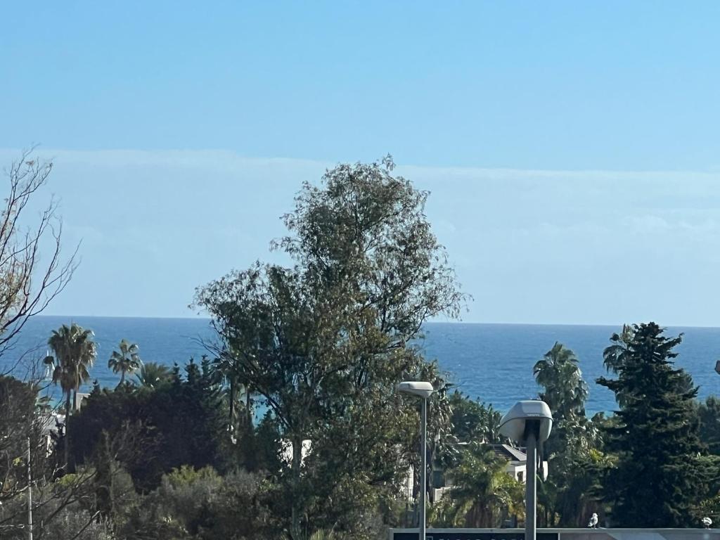 - une vue sur l'océan avec ses arbres et ses lumières dans l'établissement Sea view lovely apartment near Puerto Banús, à Marbella
