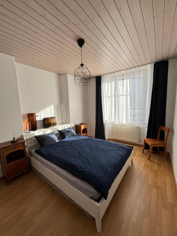 a bedroom with a large bed with a blue blanket at Croix 1 in Le Noirmont