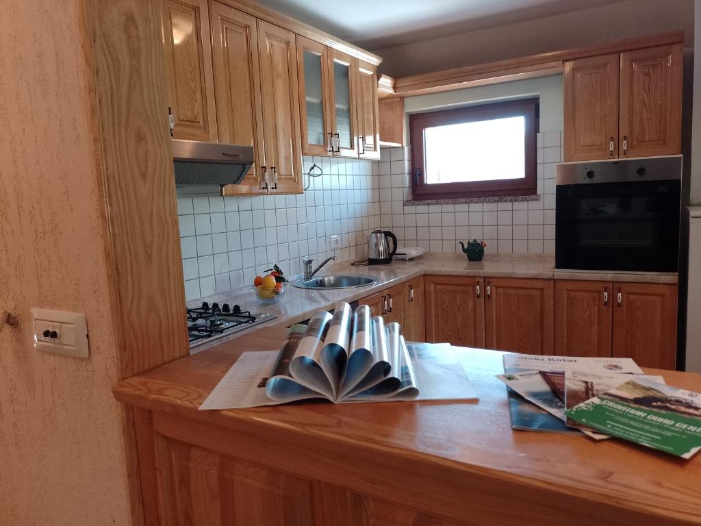 a kitchen with wooden cabinets and a counter top at Apartman Centar Fužine in Fužine