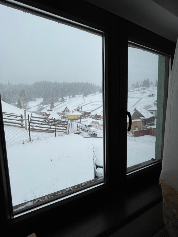 een raam met uitzicht op een met sneeuw bedekt veld bij Cabana Bilbor in Bilbor