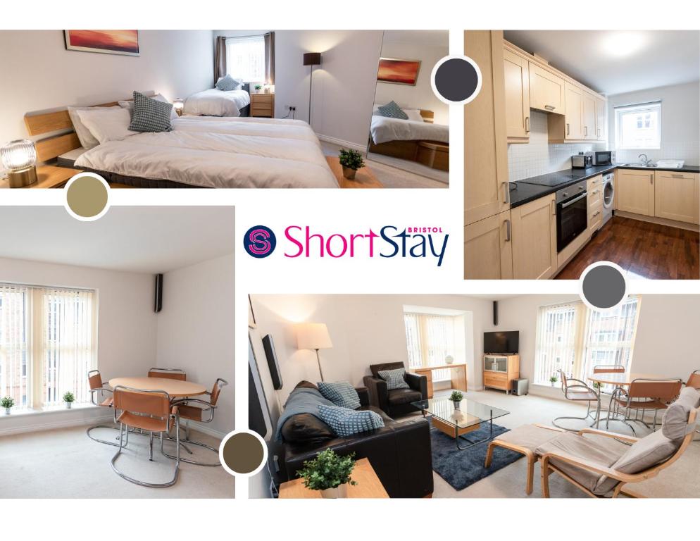 sala de estar y dormitorio con cama y cocina en June Disc - Long Stay - Contractors en Swindon