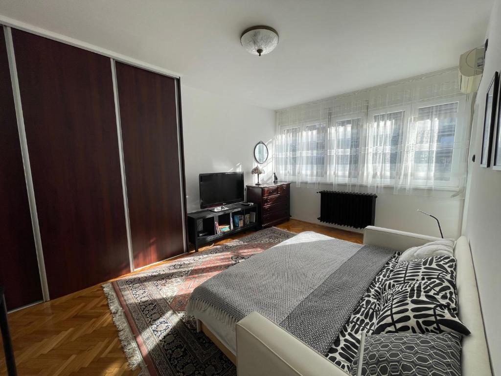 1 dormitorio con 1 cama y TV en Apartment Mirochka, en Belgrado