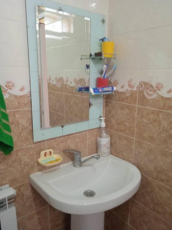 La salle de bains est pourvue d'un lavabo et d'un miroir. dans l'établissement Myrza, à Kasymbek