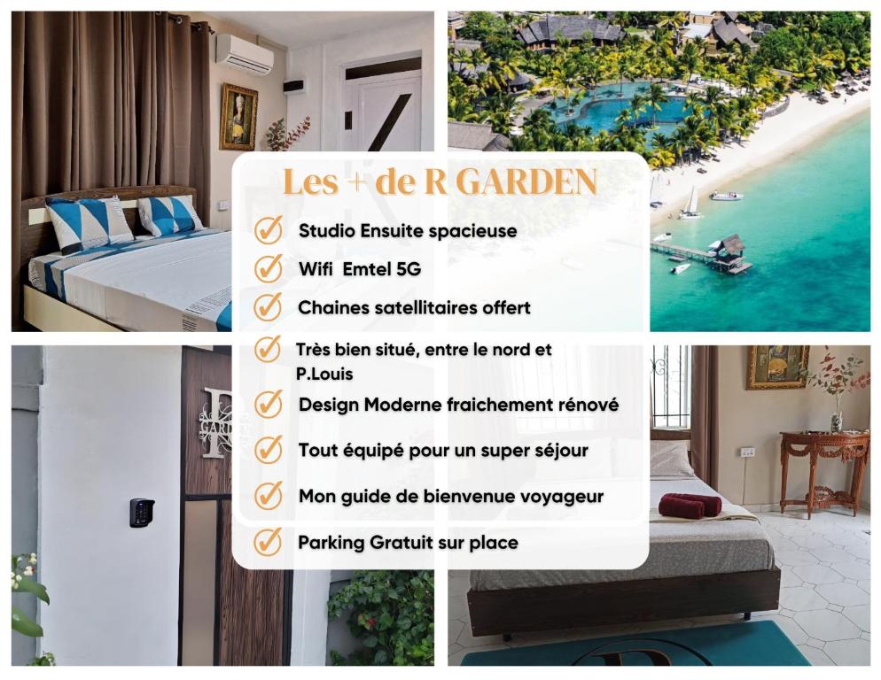 a collage of photos of a hotel room with a flyer at R Garden Studio 1 - Ensuite avec accès privé et indépendant in Baie du Tombeau